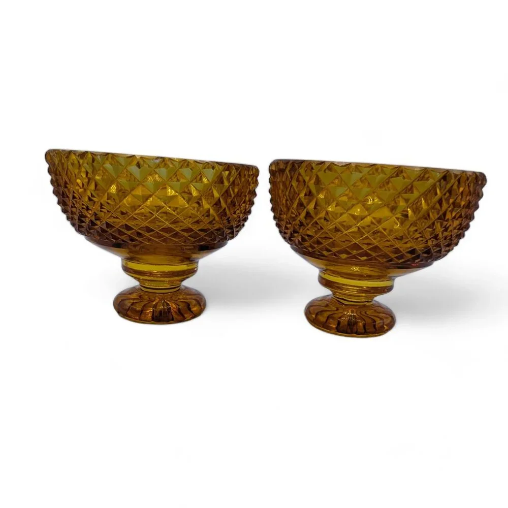 Vintage Amber Gold Glass Set of 2 Dessert Dish Cup Diamond Cut Design Bowls